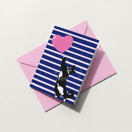 Cat Heart Balloon - Love Card